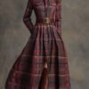 Retro Ethnic Style Lapel Reddish Plaid Maxi Dress Reddish