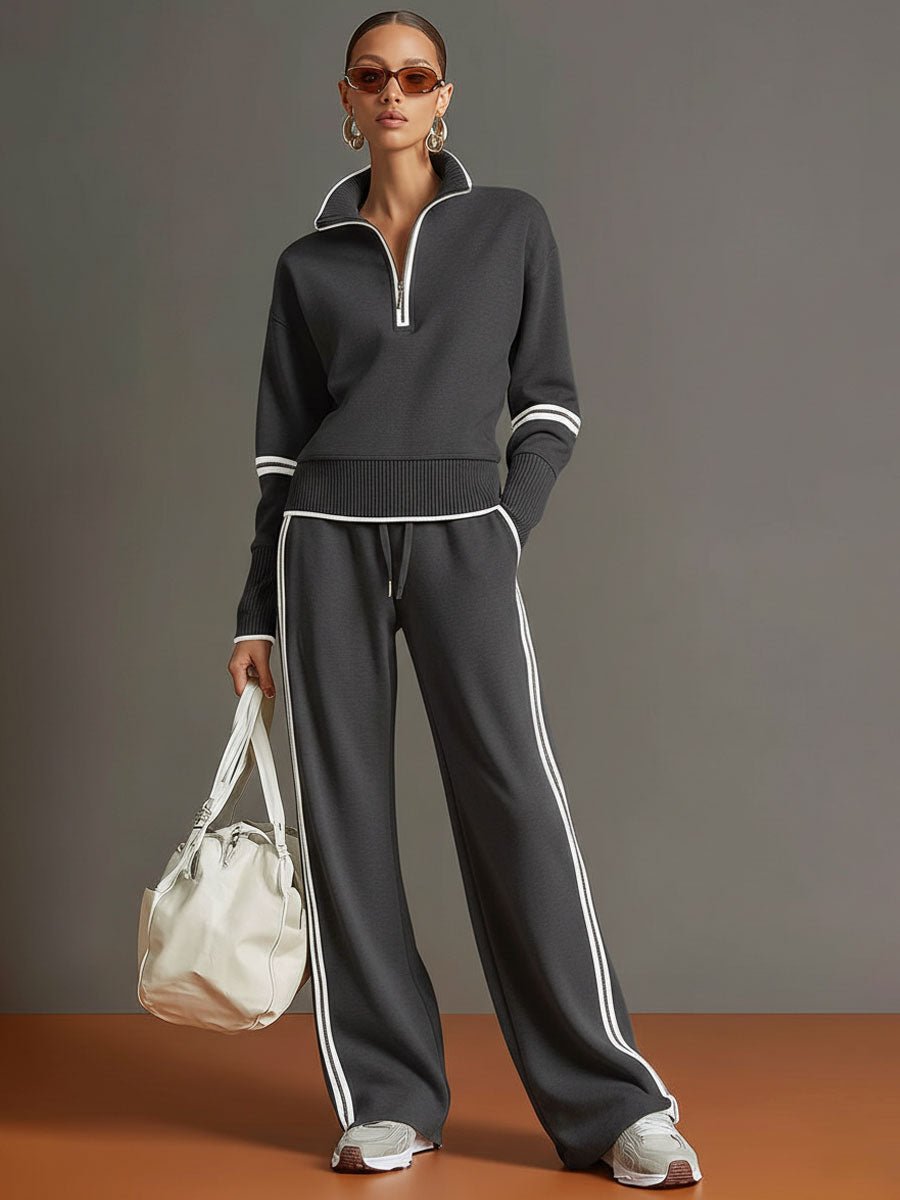 Retro Sporty Webbing Half zip Sweatshirt And Wide leg Pants Set Dark